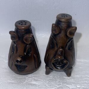 Vintage Mid century, Ceramic, Brown Pig/ Boar Salt & Pepper Shakers Tiki Style
